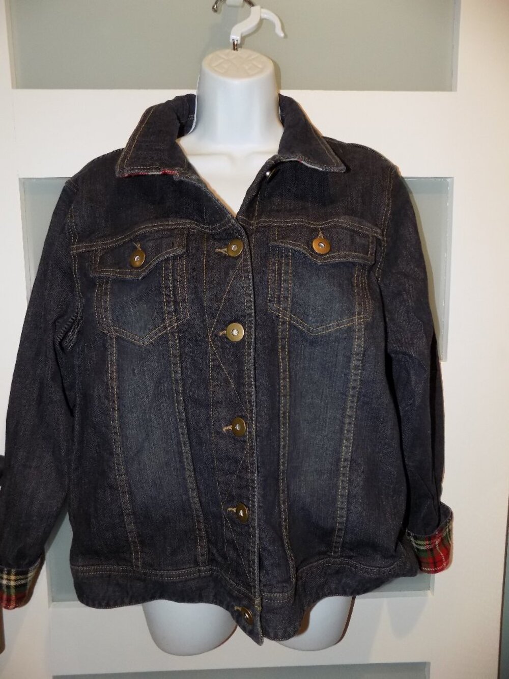Coldwater Creek Denim Jean Trucker Dark Wash Flannel Lined Jacket Size L Women's